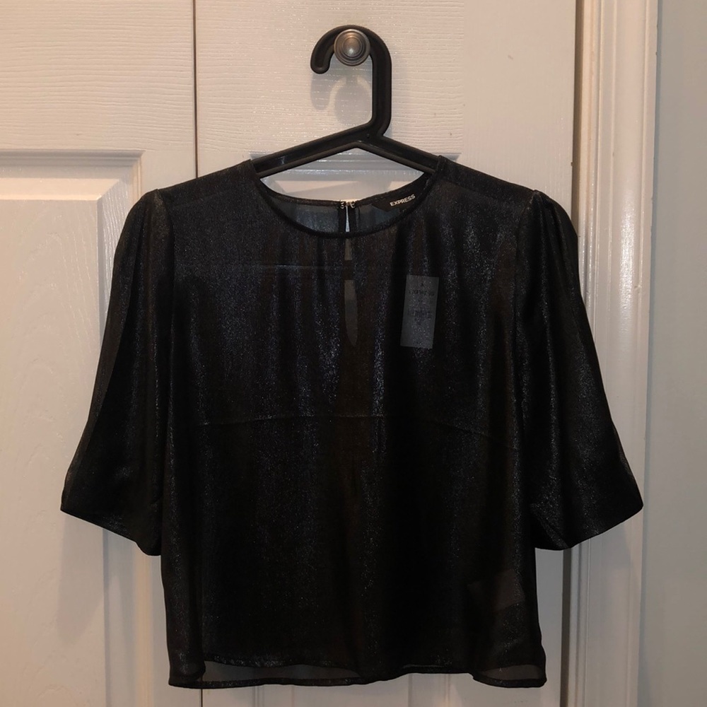 Express, XS, sheer black shimmer, semi-cropped top. NWT.